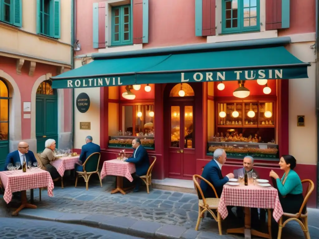 Un rincón encantador de la gastronomía francesa: bistró tradicional en Lyon con mesas al aire libre y platos típicos como Coq au Vin y Ratatouille