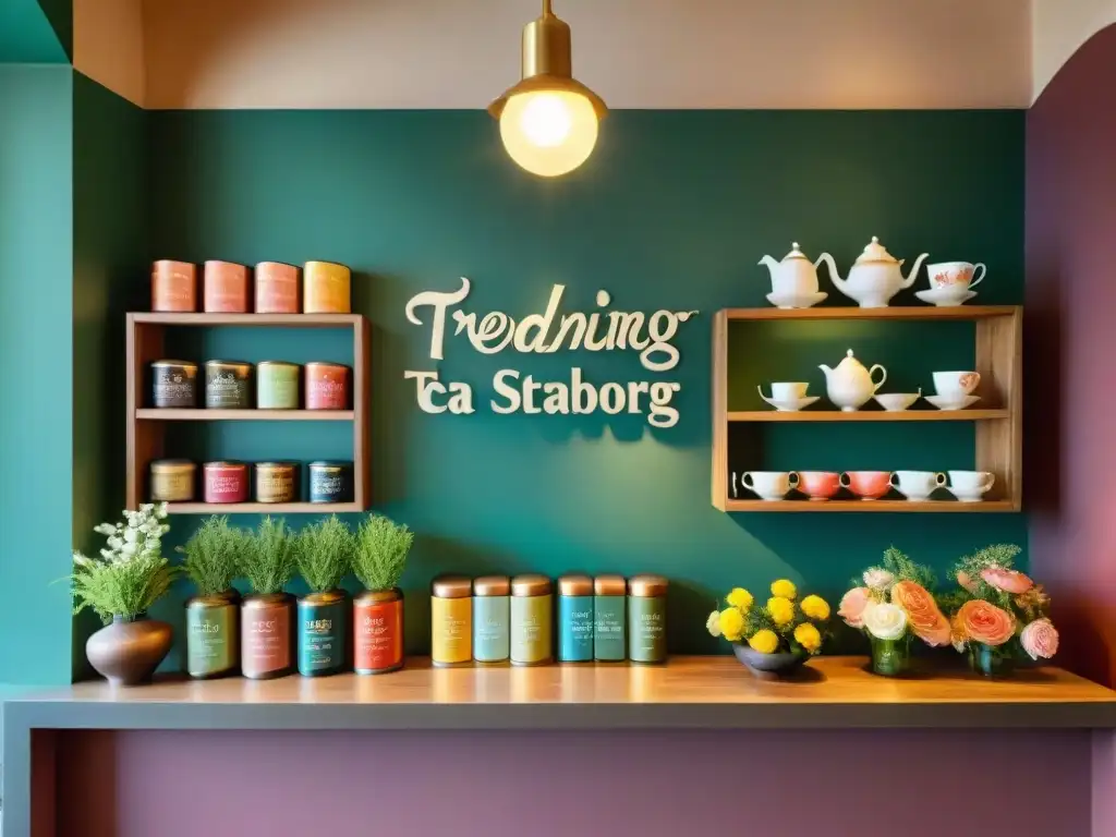 Un rincón encantador de una tienda de té francesa en Estrasburgo, con estanterías de madera repletas de latas de té, tazas y juegos vintage