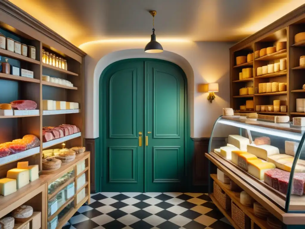 Un rincón de exquisitez en tiendas delicatessen francesas tradicionales, con quesos, embutidos y pan fresco, bajo una cálida luz ambiental