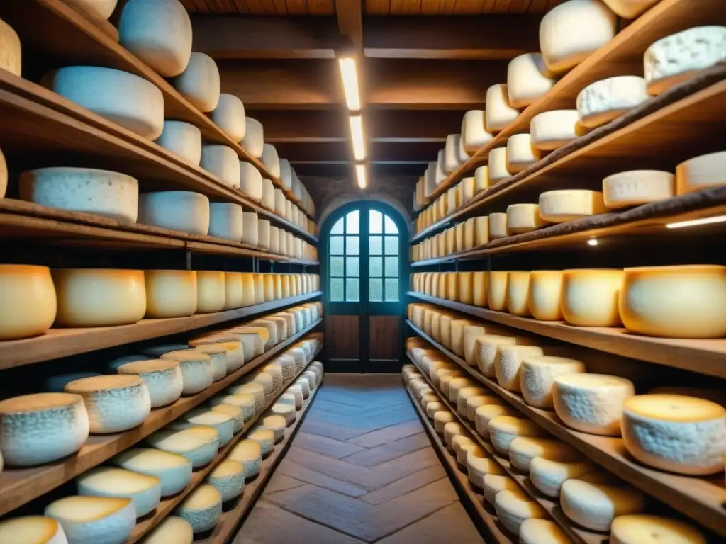 Un rincón de quesos franceses milenarios en bodega, con ruedas de queso en estantes de madera y moldes de fermentación