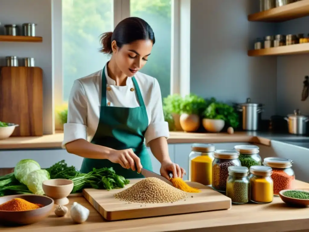 Un rincón sereno de cocina francesa zero waste con ingredientes a granel y chef cortando vegetales