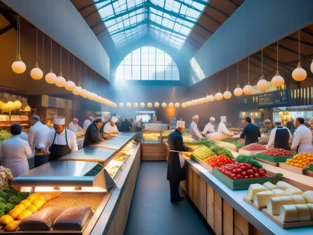 En uno de los rincones culinarios emblemáticos de Lyon, un chef filetea pescado fresco rodeado de productos locales y quesos artesanales