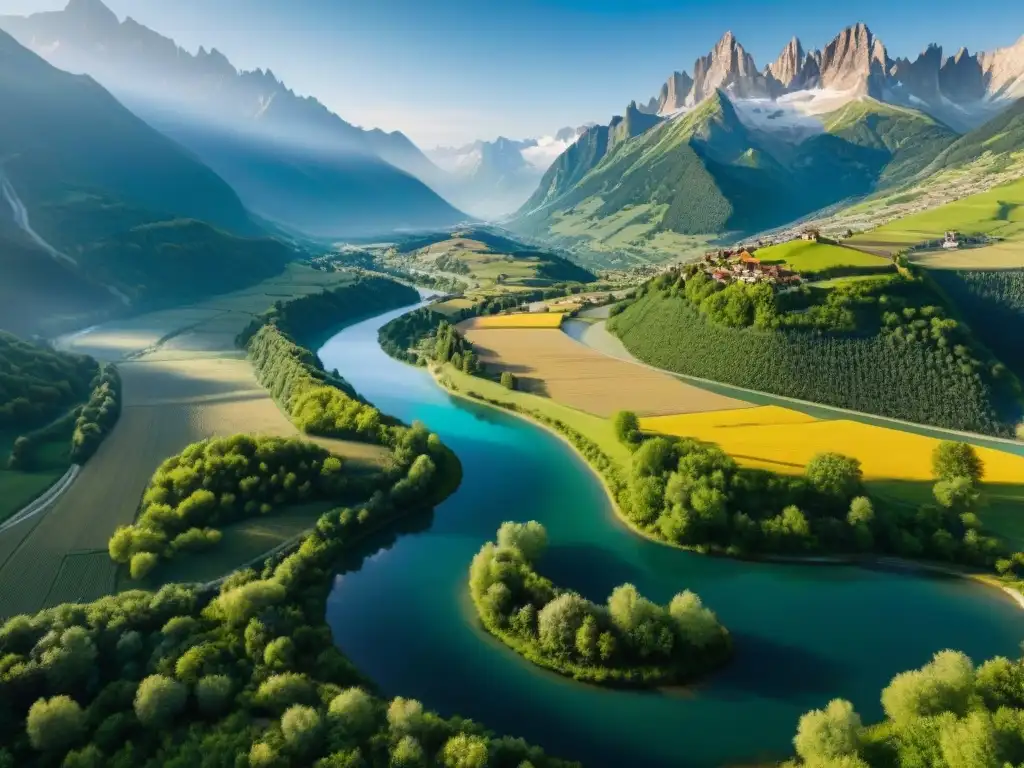 Un río sereno atraviesa los Alpes franceses, reflejando su majestuosidad en el agua cristalina rodeada de vegetación exuberante y flores silvestres