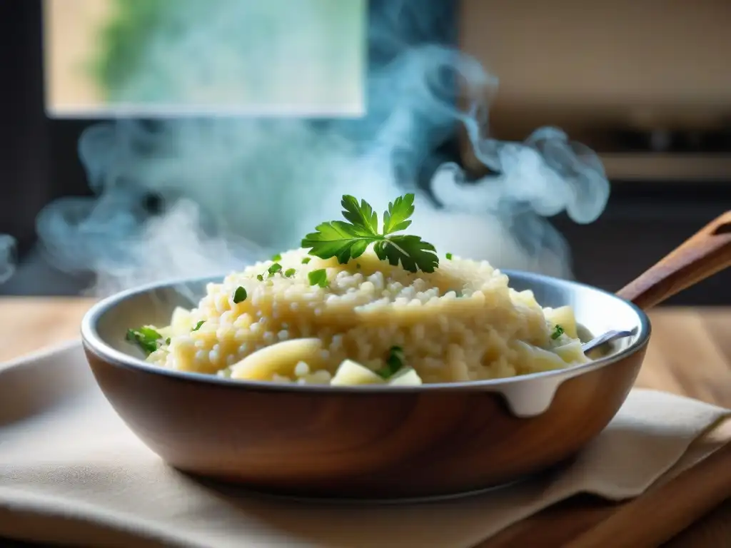 Un risotto cremoso y humeante, revuelto con maestría en una cocina parisina, fusionando la historia del risotto y la cocina italiana en París