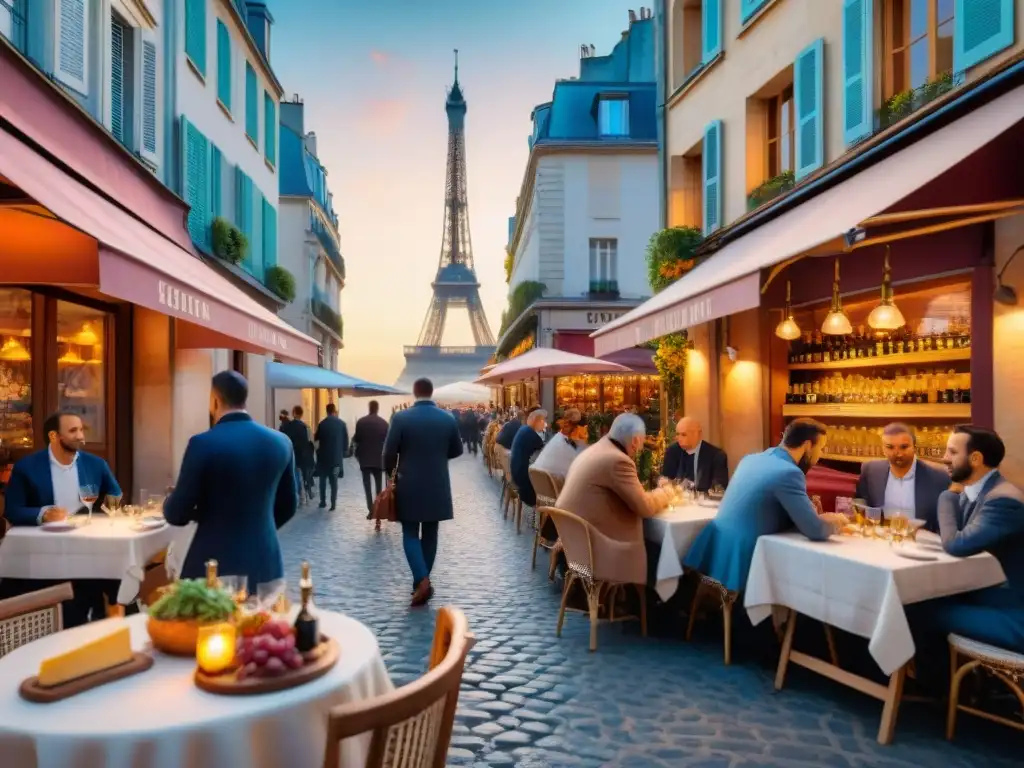 Ritual del aperitivo en Francia: Una animada escena de un café en París al atardecer, con elegantes locales disfrutando de vino y tablas de queso