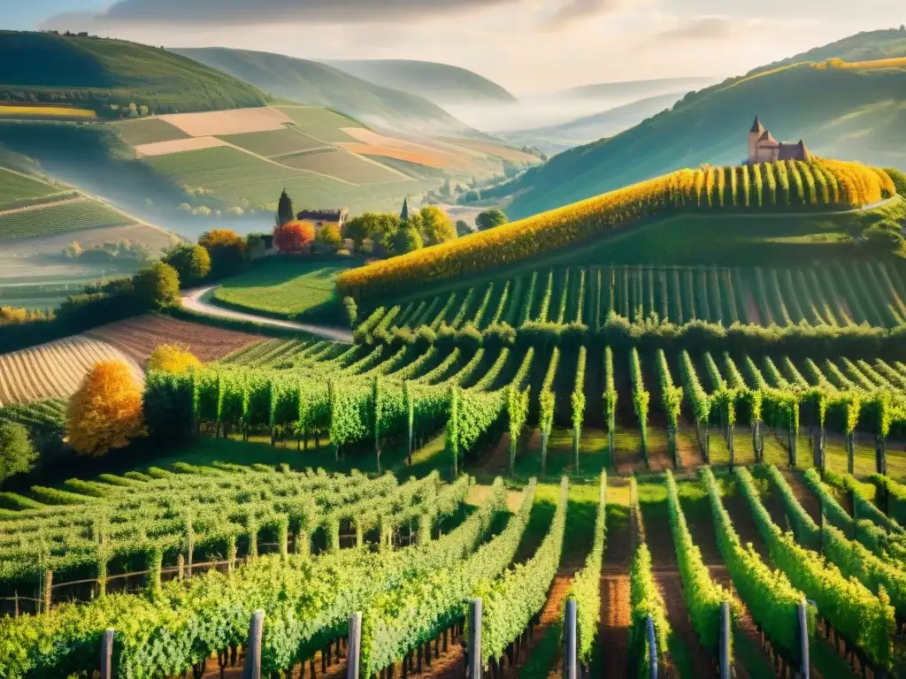 Viñedos de Borgoña y Burdeos: rivalidad en colores otoñales Rivalidad entre vinos Borgoña y Burdeos: vista aérea de viñedos exuberantes y coloridos, con colinas y castillos al fondo
