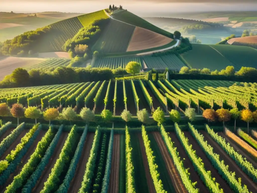 Viñedos de Borgoña y Burdeos: rivalidad en el atardecer Rivalidad vinos Borgoña Burdeos: Vista aérea impresionante de viñedos en Borgoña y Burdeos al atardecer