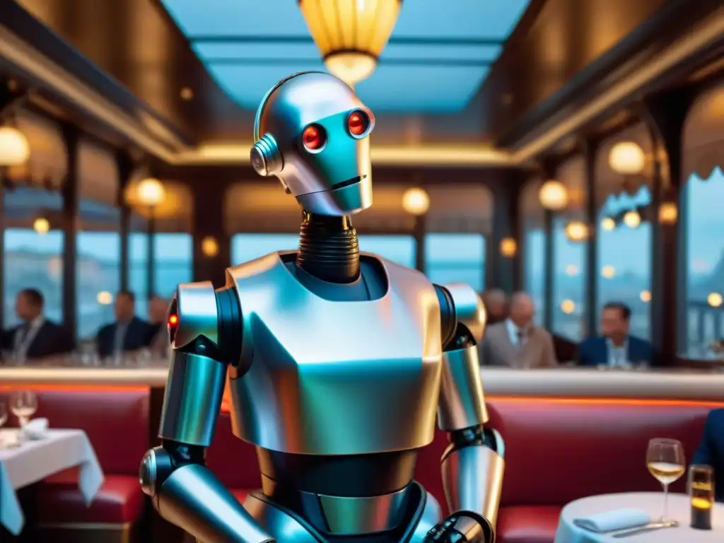 Un robot camarero futurista sirviendo en un restaurante francés con tecnología innovadora