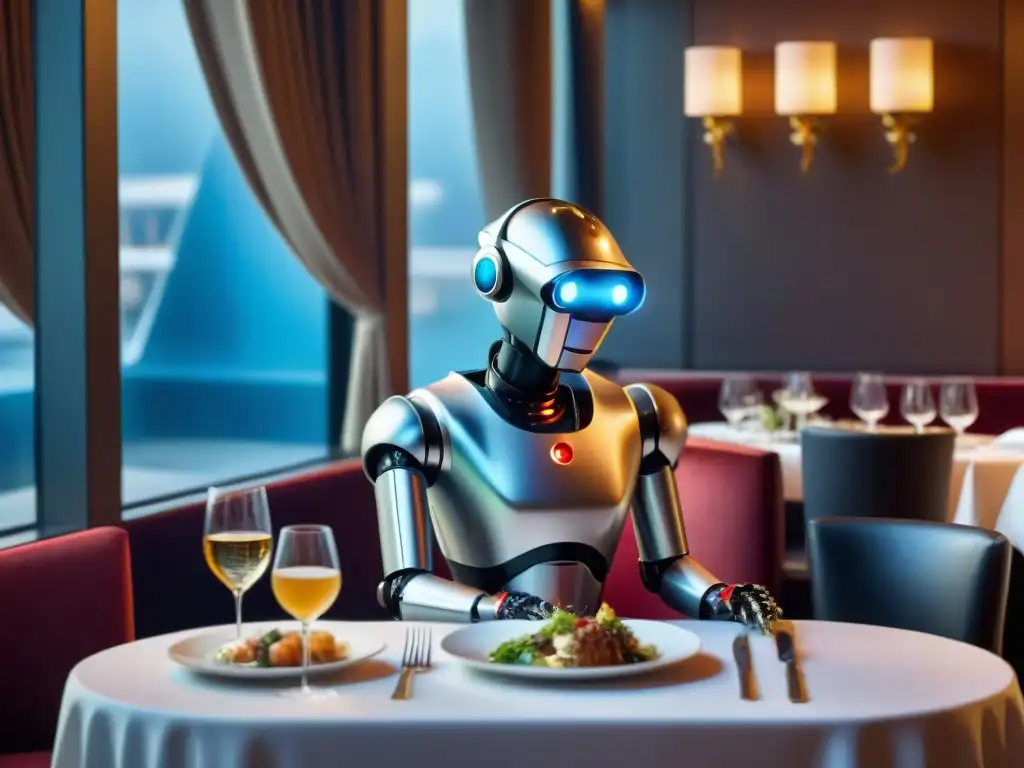 Un robot camarero sirve plato francés en restaurante parisino con tecnología innovadora