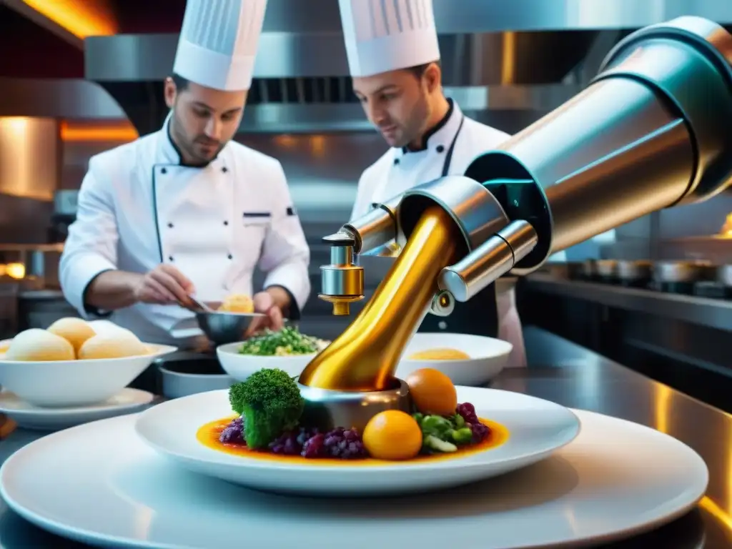 Un robot chef de alta tecnología sirviendo un plato gourmet en una cocina francesa de alta gama