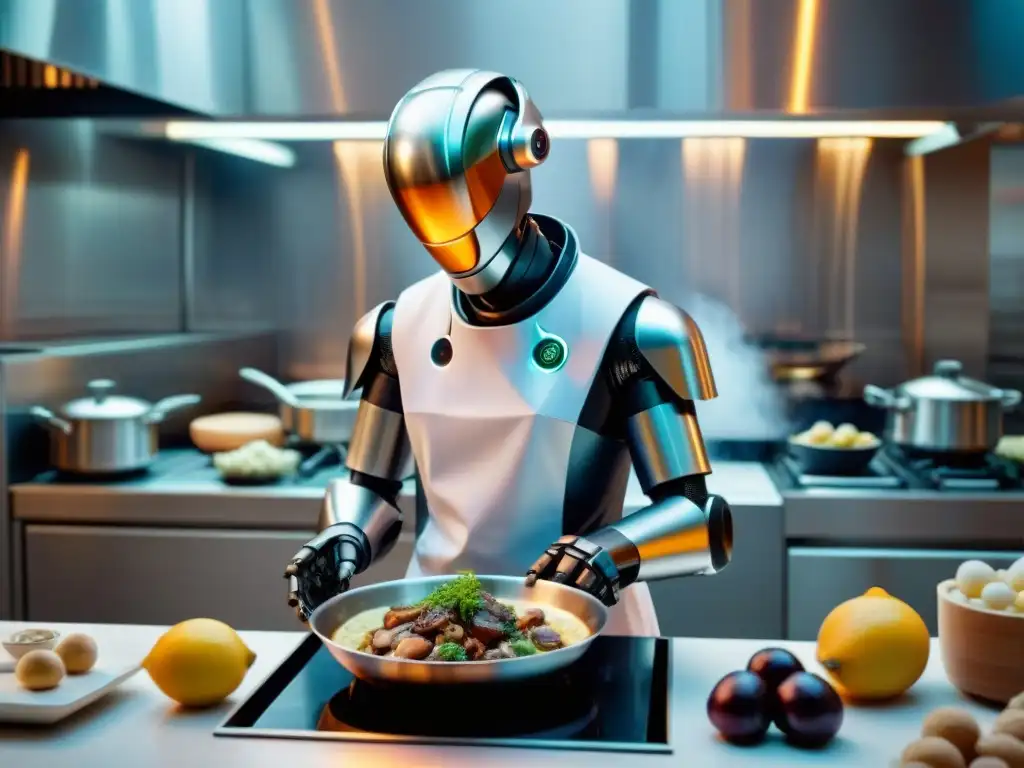 Un robot chef prepara Coq au Vin en una cocina francesa, mostrando la fusión de tradición culinaria y tecnología