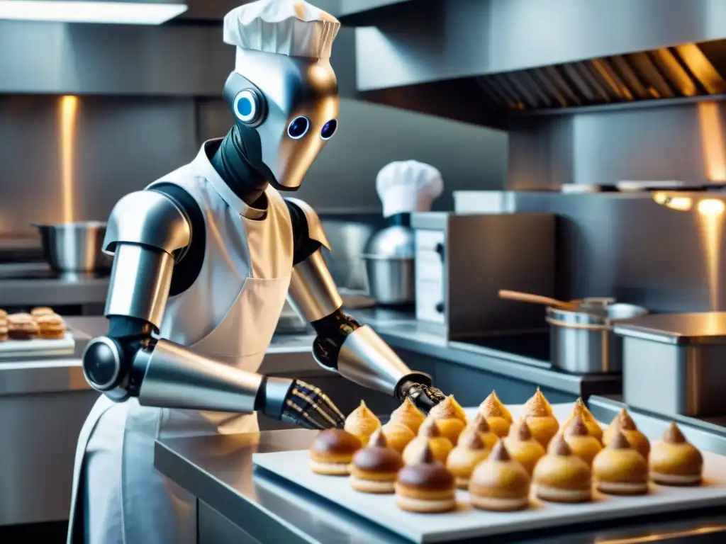 Un robot chef futurista elaborando repostería francesa en una cocina parisina