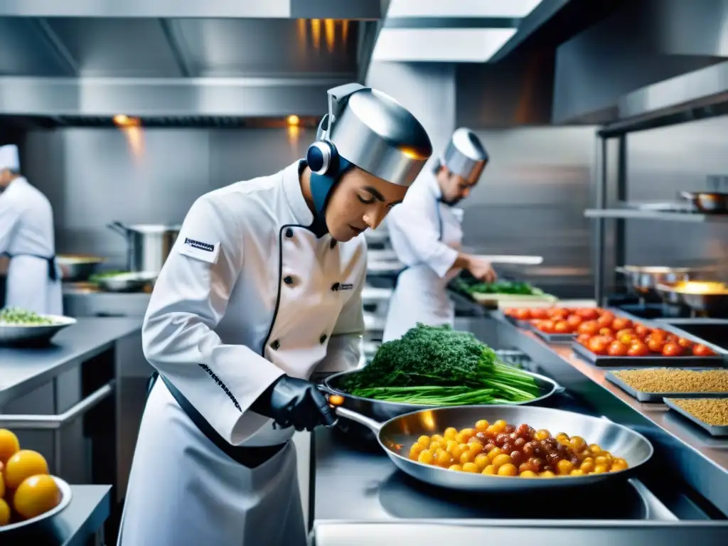 Un robot chef prepara platos en una cocina francesa con chefs humanos observando, fusionando tecnología y gastronomía