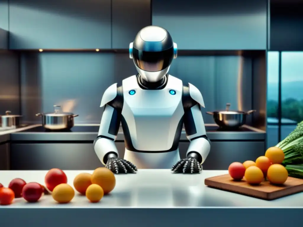 Un robot chef de IA preparando una receta francesa innovadora en una cocina futurista