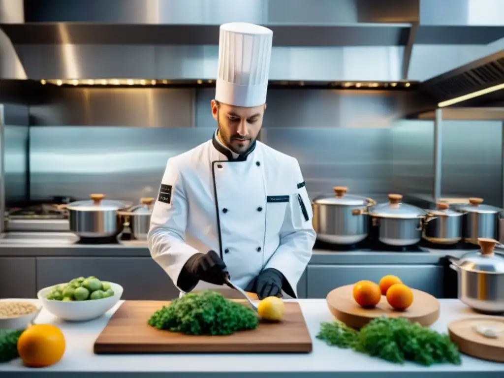 Un robot chef de vanguardia colabora con chefs franceses en una cocina moderna, fusionando IA y gastronomía