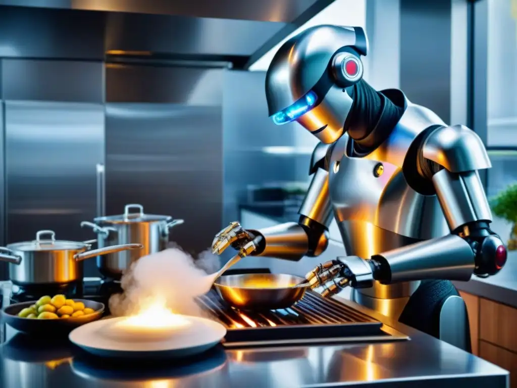 Un robot en cocina moderna preparando plato francés con precisión, entre tecnología y tradición culinaria