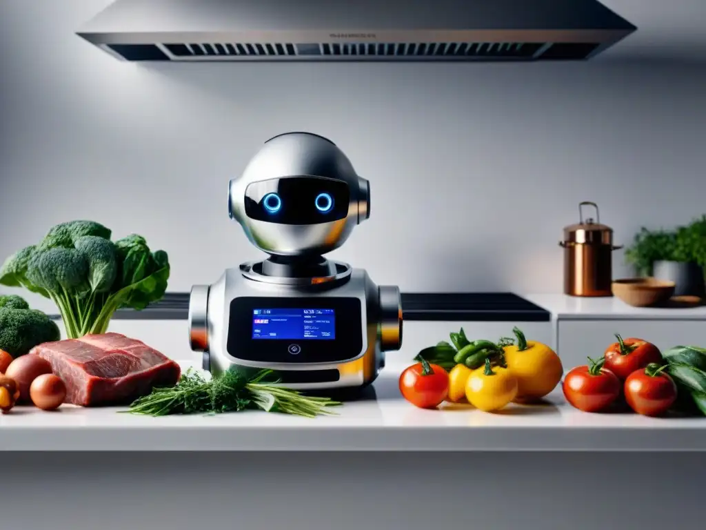 Un robot de cocina moderno en una elegante cocina francesa, rodeado de ingredientes frescos