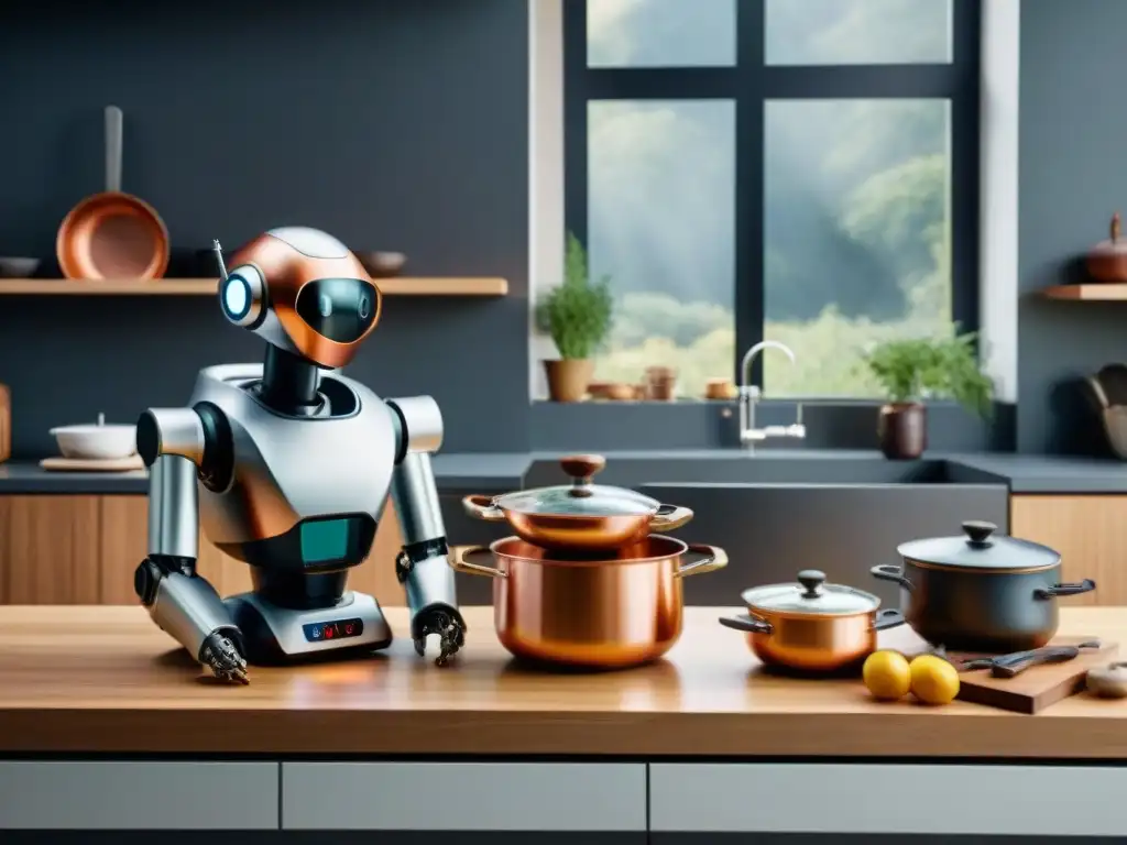 Un robot de cocina moderno frente a una cocina francesa tradicional llena de utensilios clásicos