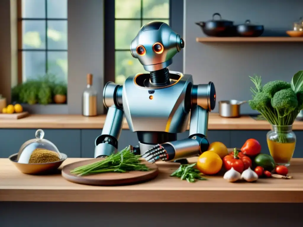 Un robot de cocina moderno preparando recetas francesas en una cocina tradicional