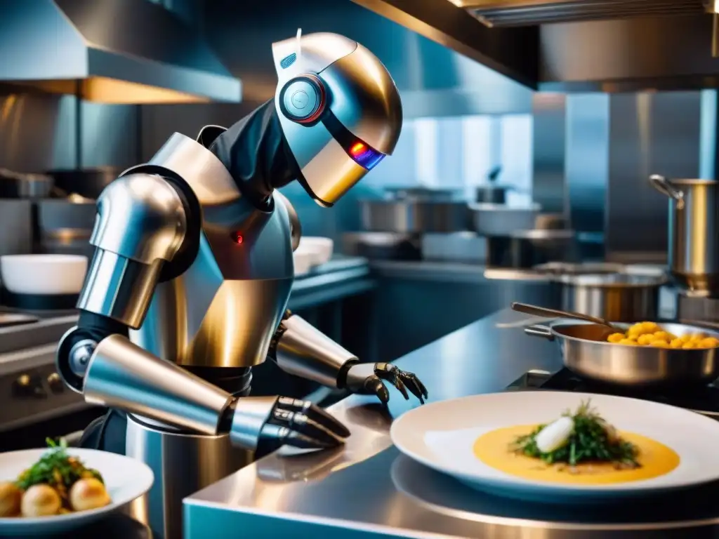 Un robot de cocina moderno preparando una sofisticada receta francesa en un elegante restaurante de alta cocina