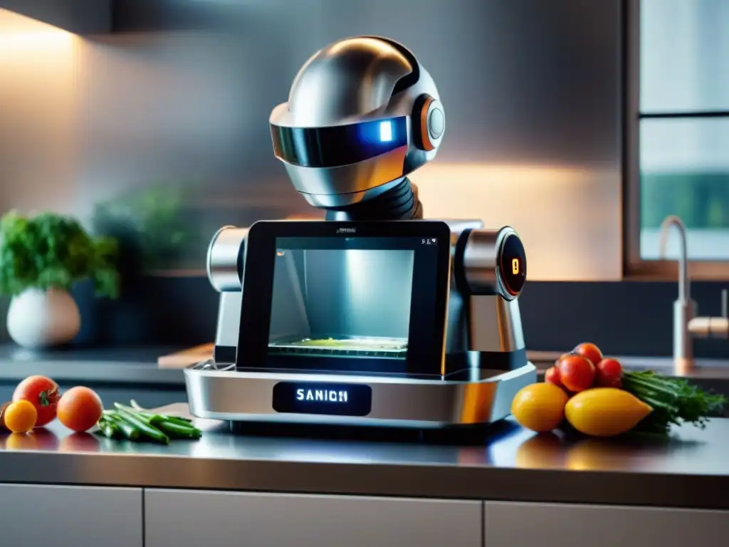 Un robot de cocina francés personalizado corta vegetales en una cocina futurista y elegante