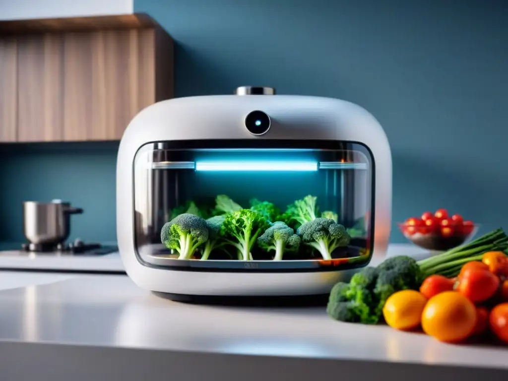 Un robot de cocina francés personalizado cortando verduras en una cocina moderna y bien iluminada