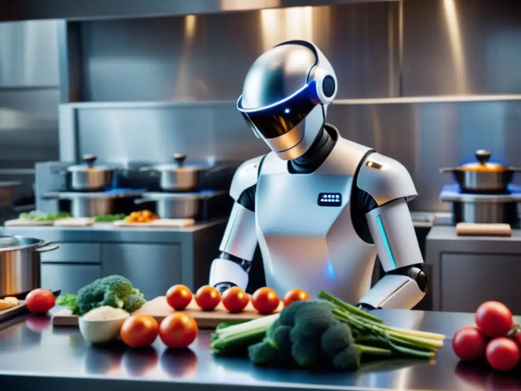 Un robot de cocina francés personalizado cortando verduras con precisión en un elegante restaurante francés