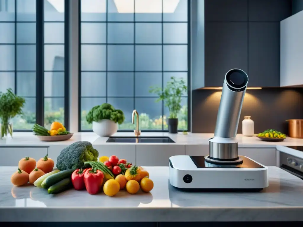 Un robot de cocina preparando Ratatouille en una cocina moderna con luz natural