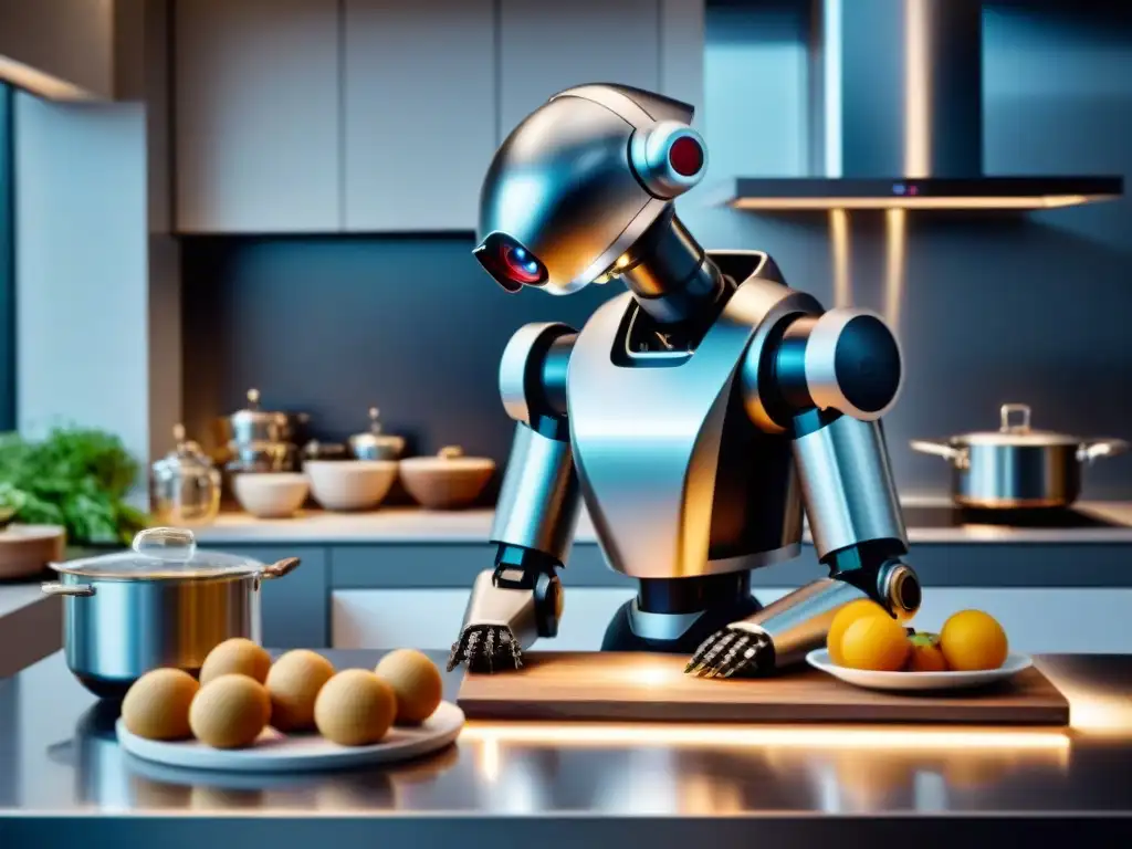 Un robot de cocina prepara una receta francesa en una cocina moderna