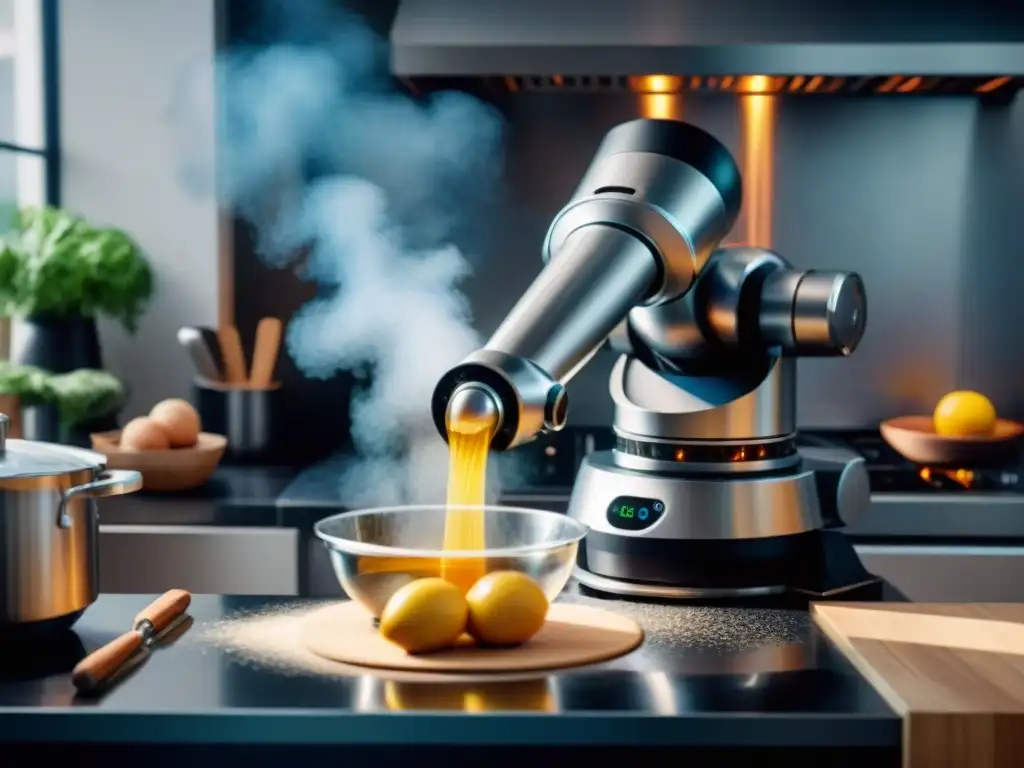 Un robot de cocina para recetas francesas ejecutando con precisión una compleja receta