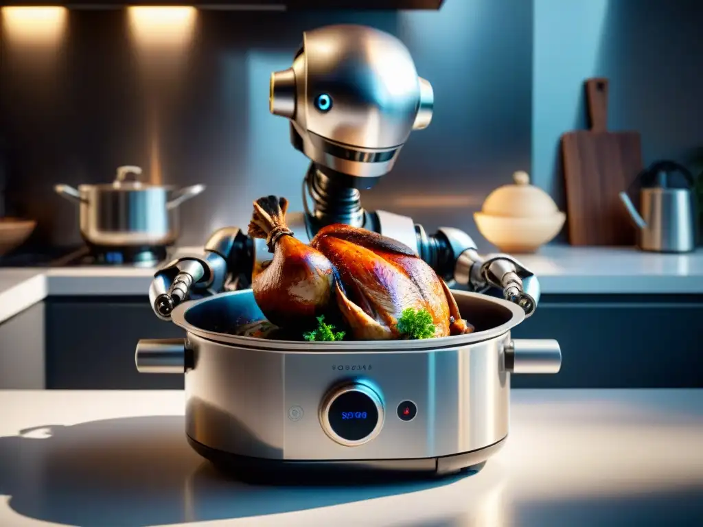 Un robot de cocina de vanguardia revoluciona la preparación de Coq au Vin en una cocina moderna