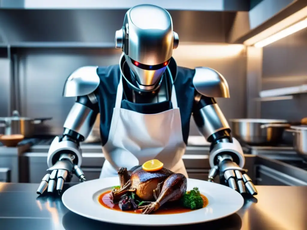 Un robot cocinero futurista preparando Coq au Vin en cocina de vanguardia