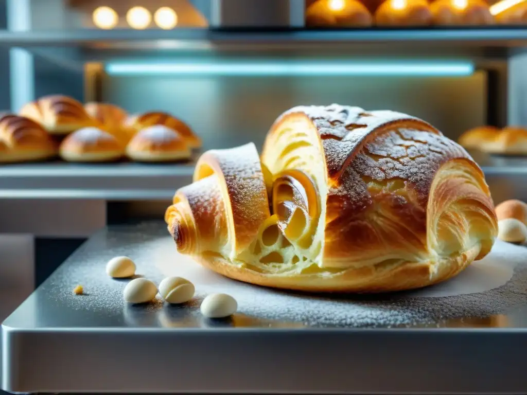 Un robot horneando un croissant perfecto en una panadería moderna y tradicional