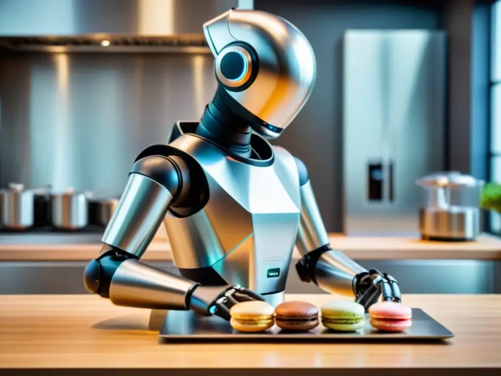 Un robot culinario francés personalizado elaborando un macaron con precisión y arte en una cocina moderna