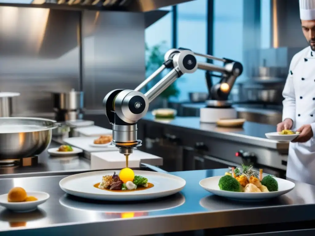 Un robot delicadamente plating un platillo francés en un restaurante de alta gama