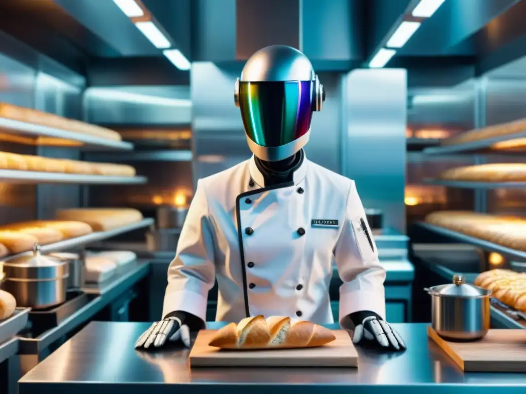 Un robot chef futurista cortando baguettes frescas en una cocina francesa, reflejando la fusión de la tradición culinaria y la tecnología