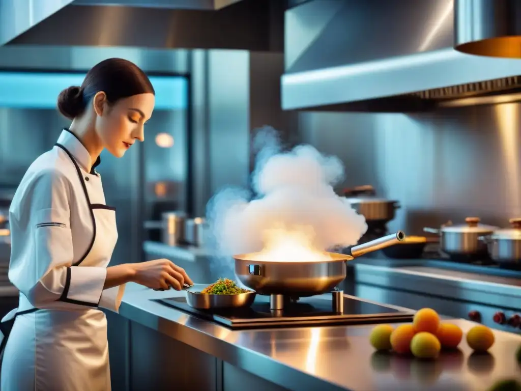 Un robot chef futurista en una bulliciosa cocina francesa fusionando tradición y robótica