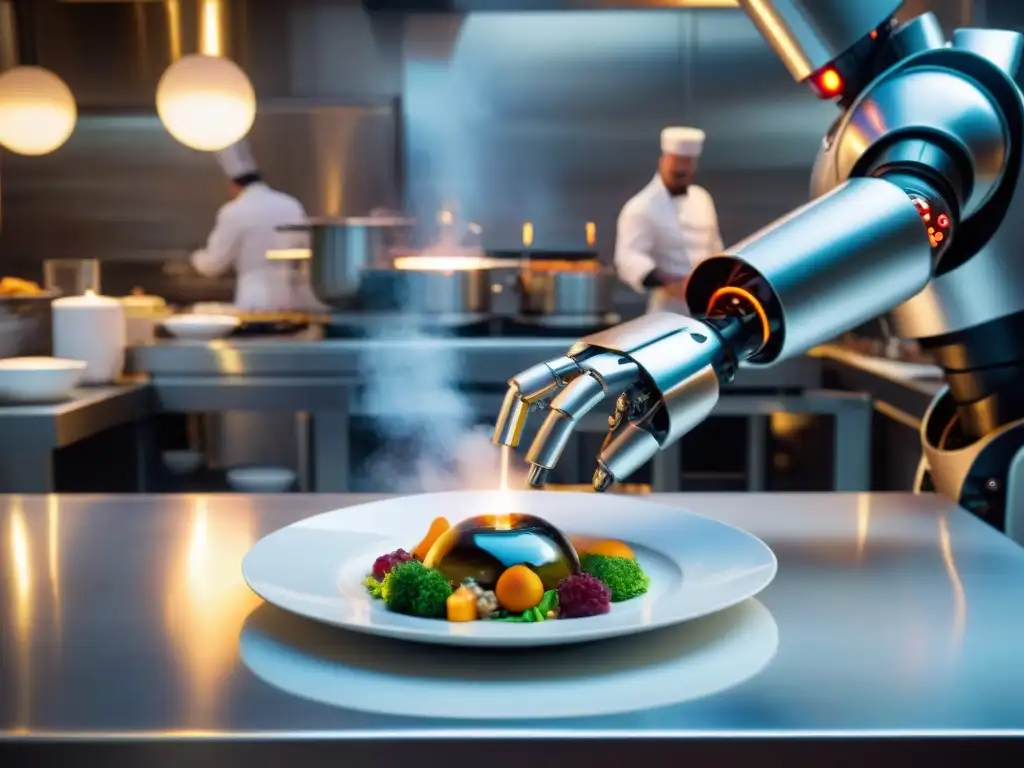 Un robot chef futurista en una cocina de restaurante francés, creando una obra de arte culinaria