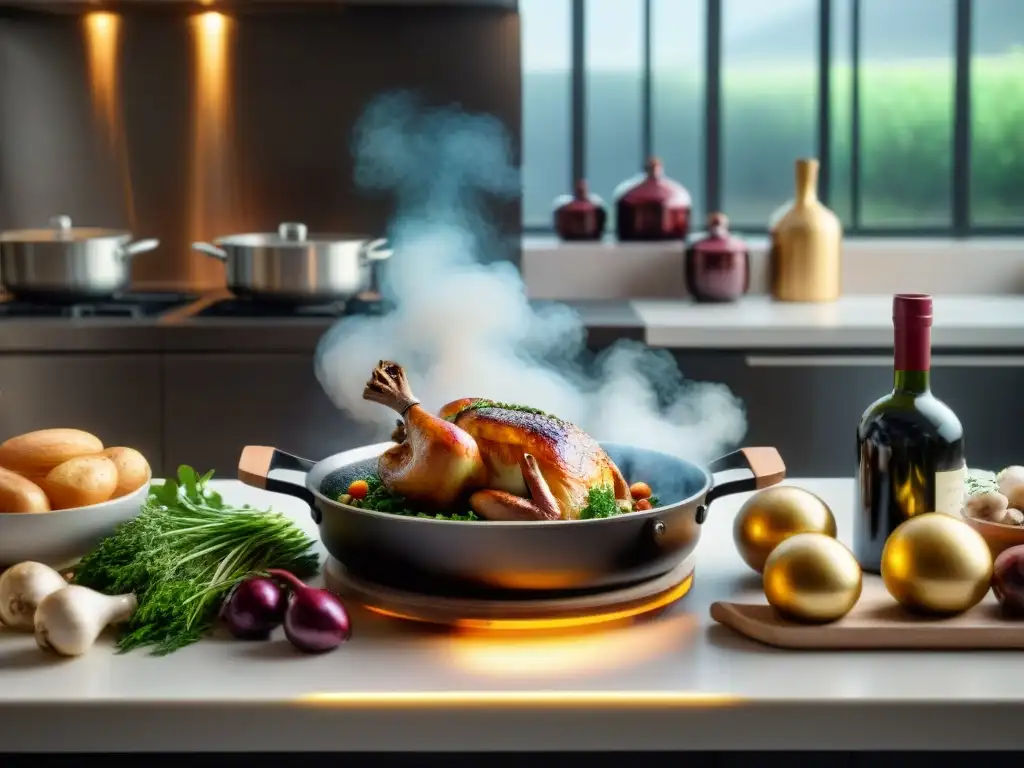 Un robot chef futurista preparando Coq au Vin en una cocina francesa moderna