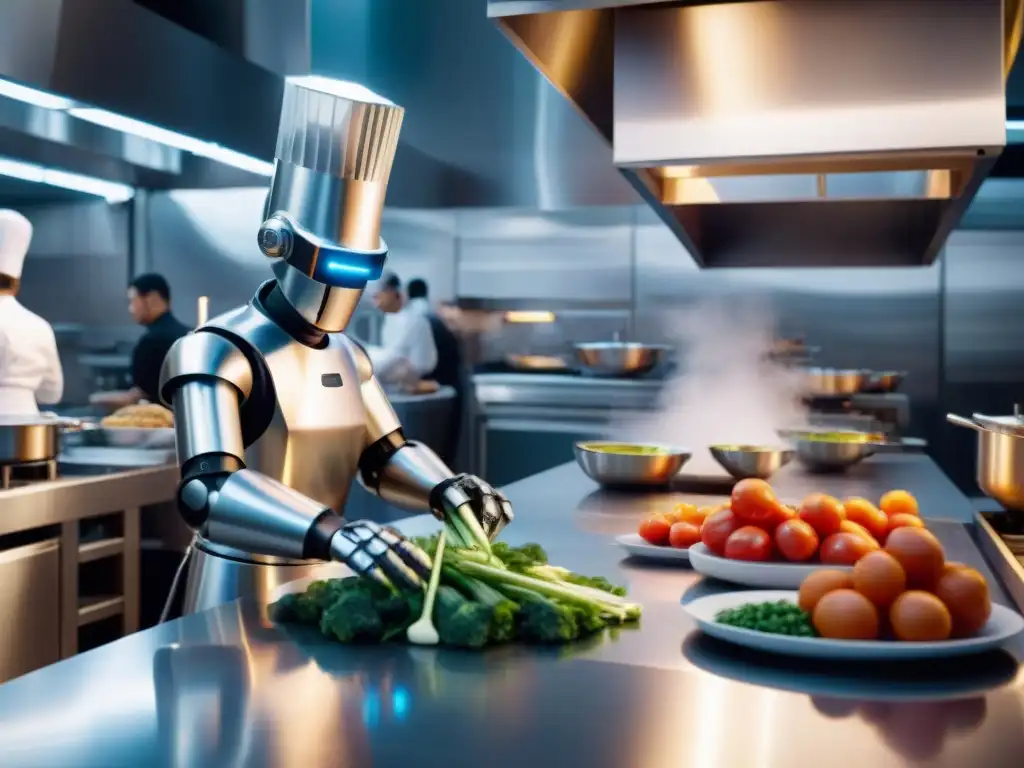 Un robot chef futurista corta verduras en una cocina francesa, mientras chefs humanos lo observan con admiración