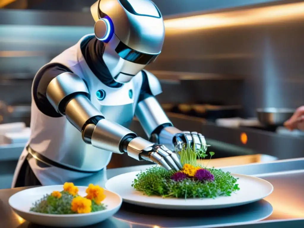 Un robot chef futurista preparando una exquisita creación culinaria en una cocina de alta gama, asombrando a un equipo de chefs humanos