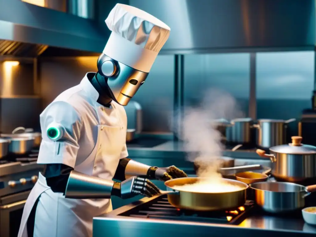 Un robot chef futurista preparando plato francés en cocina tradicional