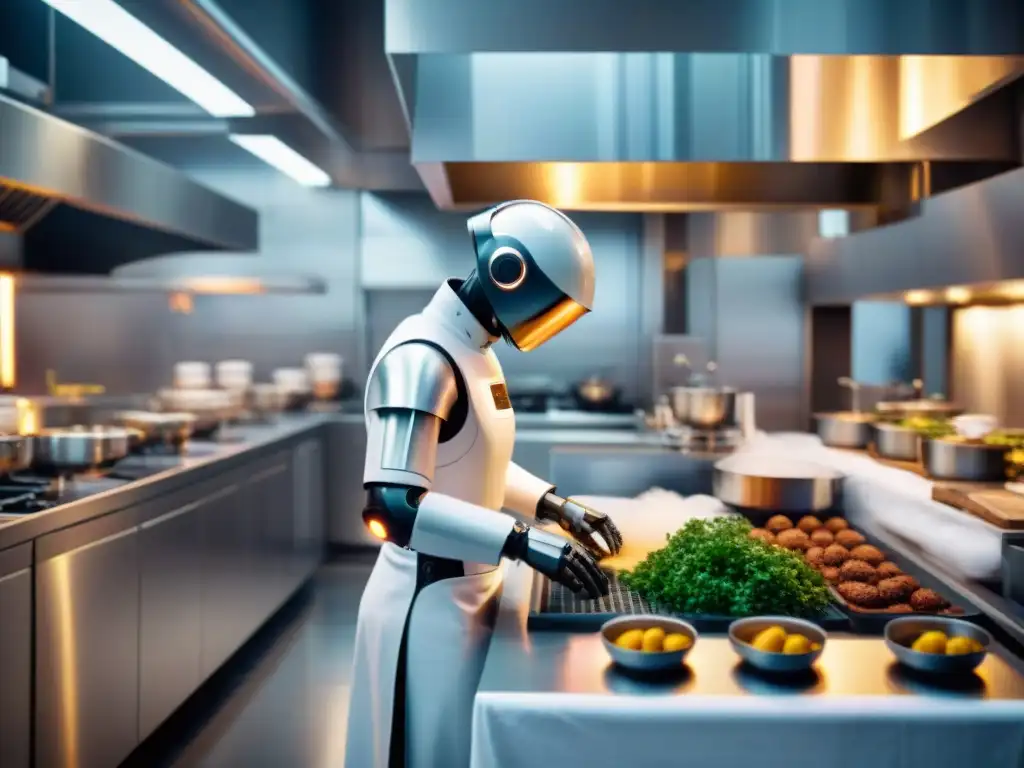 Un robot chef futurista prepara platos franceses en una cocina bulliciosa