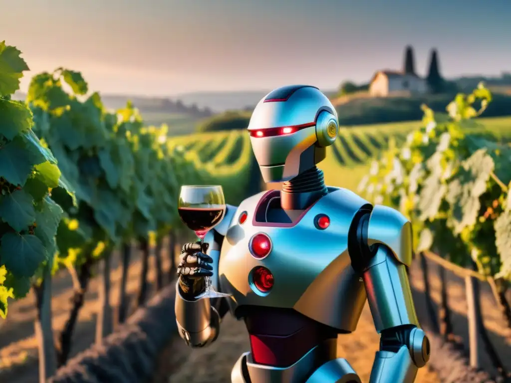 Un robot sommelier futurista en un viñedo francés al atardecer, con un vaso de vino