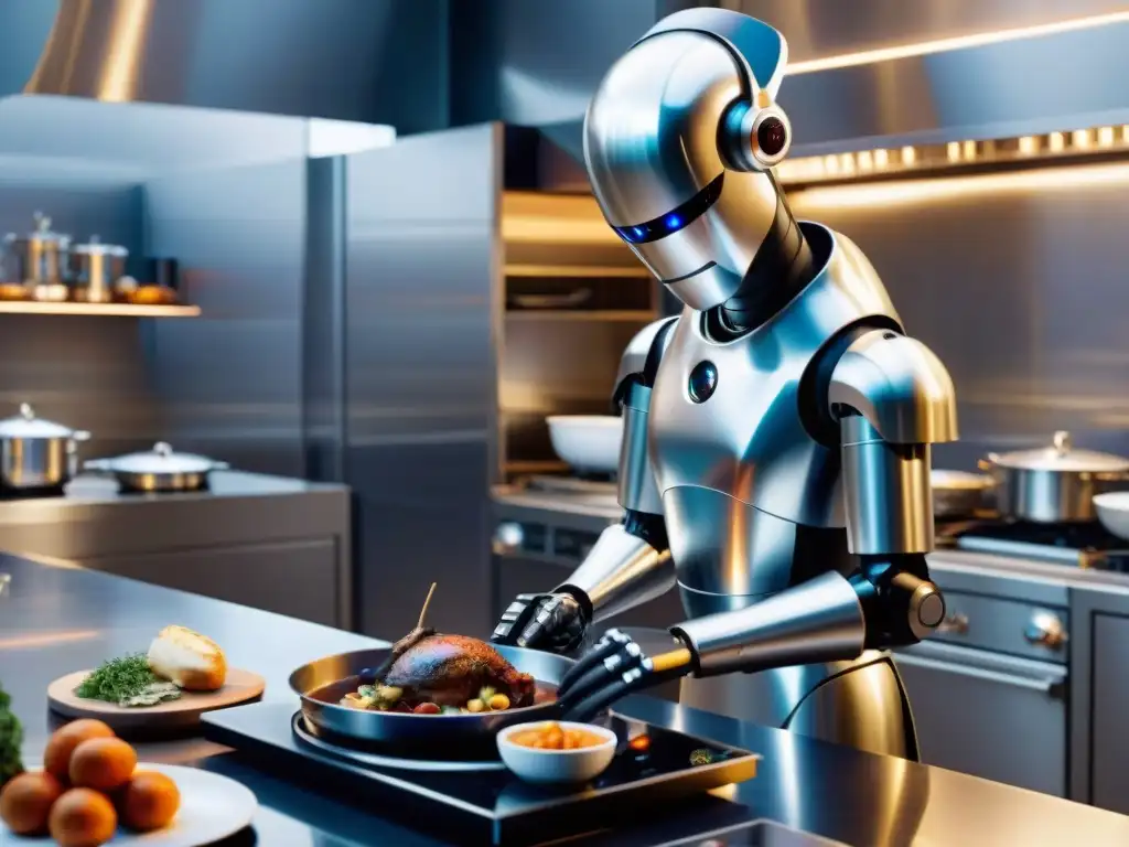 Un robot metálico elabora un Coq au Vin en una cocina moderna y tecnológica