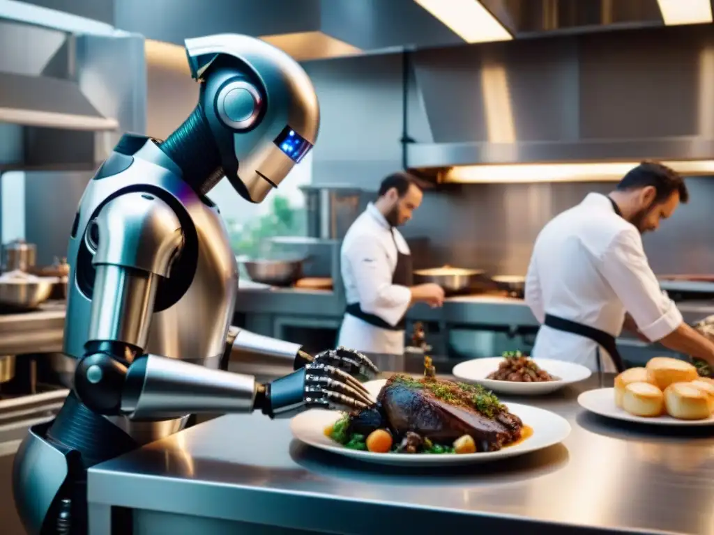 Un robot chef metálico monta un sofisticado Coq au Vin en cocina parisina, mostrando la influencia de robots en gastronomía francesa