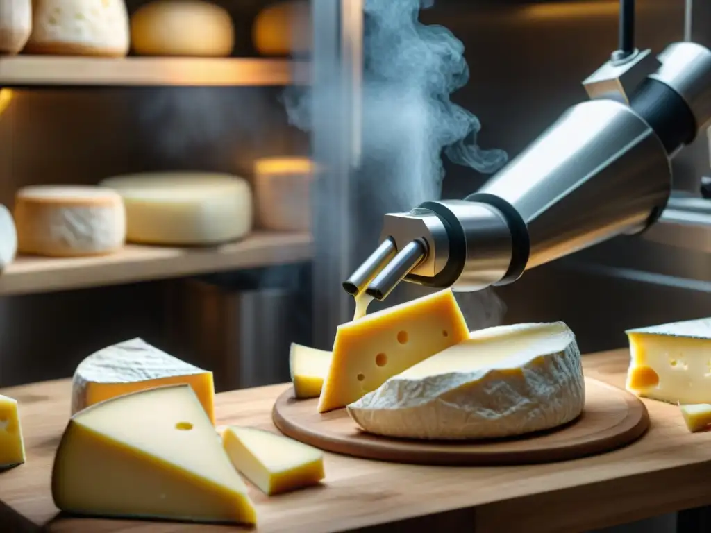 Un robot cortando con precisión un queso francés en una fromagerie