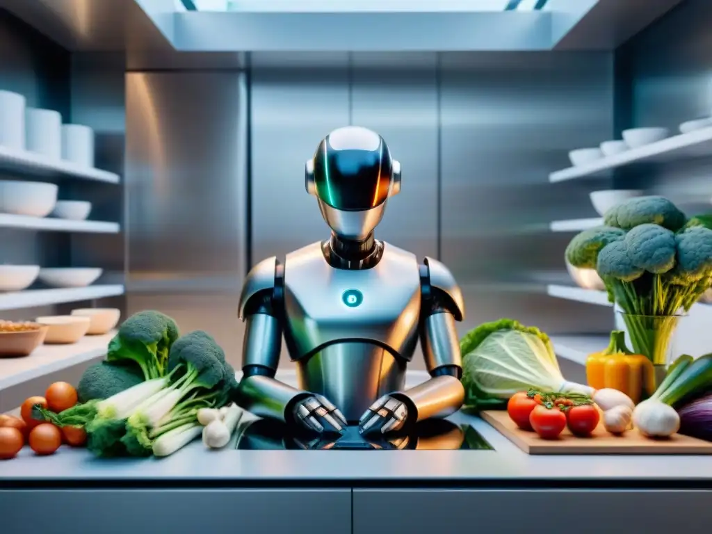 Un robot chef AI prepara recetas francesas innovadoras con IA en cocina futurista