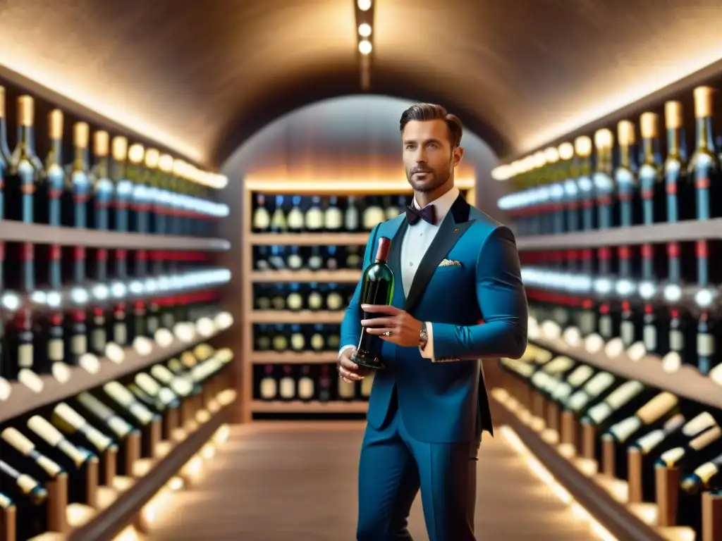 Un robot sommelier seleccionando un vino francés en una bodega de lujo