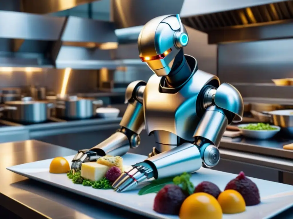 Un robot de vanguardia preparando un plato francés con precisión, fusionando la tecnología y la gastronomía francesa